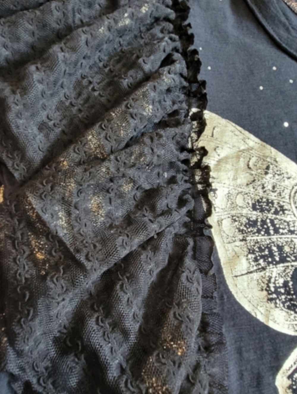 Anthropologie Pilcro Solstice Butterfly Tee Black Gold Lace Flutter Sleeve S - Picture 6 of 15